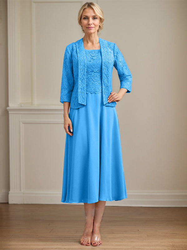A-Line Scoop Neck Tea-Length Lace Chiffon Mother of the Bride Dress