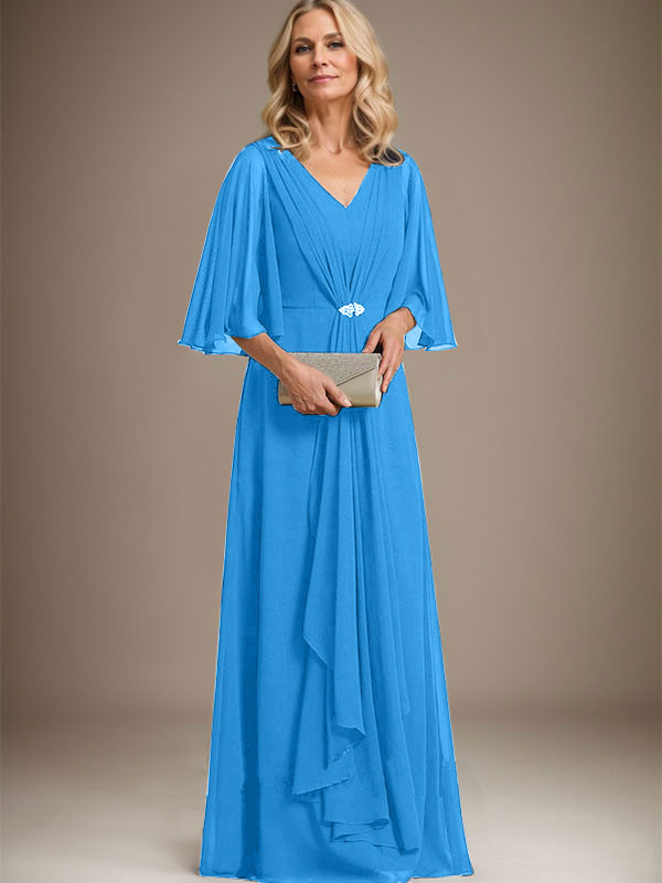 A-Line V-Neck Floor-Length Chiffon Mother of the Bride Dress with Cascading Ruffles and Crystal Brooch