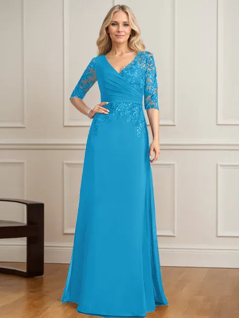 A-Line V-Neck Floor-Length Lace and Chiffon Mother of the Bride Dress with Pleated Sequins