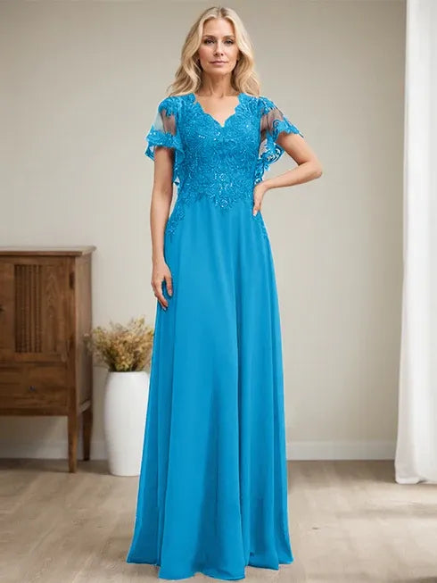 A-Line V-Neck Floor-Length Lace Chiffon Mother of the Bride Dress with Sequins
