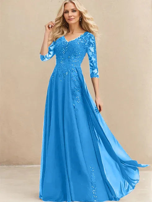A-Line V-Neck Floor-Length Lace Chiffon Mother of the Bride Dress with Sequins