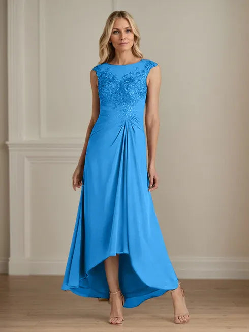 Champagne A-Line Lace and Chiffon Scoop Neck Dress