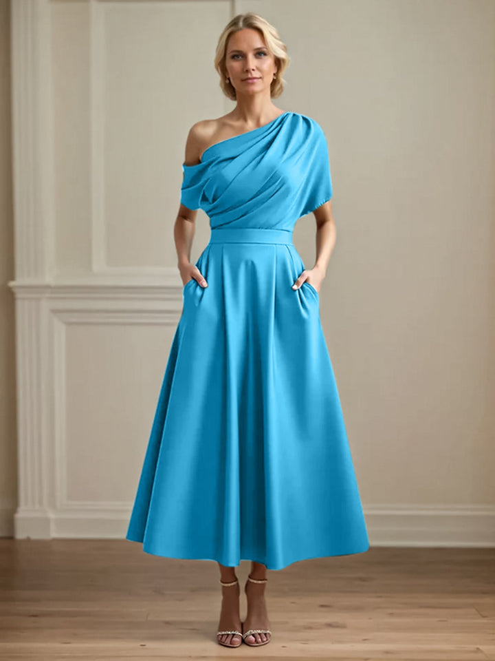 One-Shoulder Satin A-Line Pleated Ankle-Length Mother of the Bride Dress