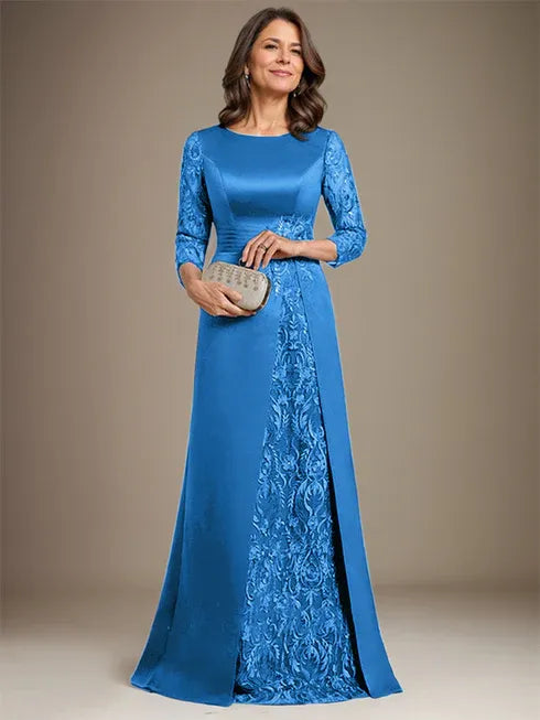 Floor-Length A-Line Lace Satin Mother of the Bride Dress with Scoop Neck and Applique