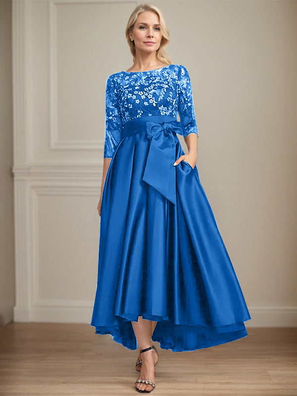 A-Line Scoop Neck Illusion Asymmetrical Satin Lace Mother of the Bride Dress with Bow