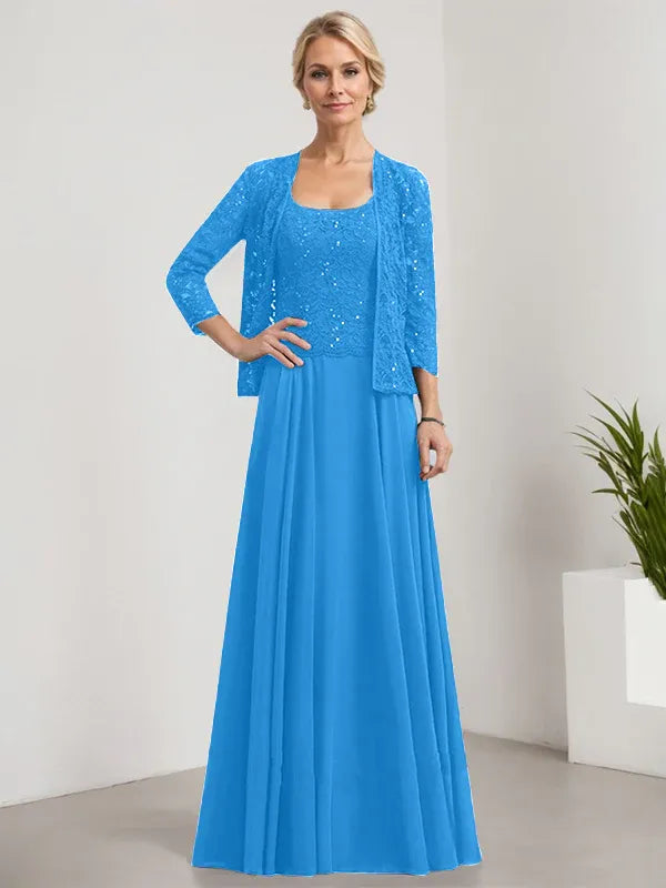 A-Line Square Neck Floor-Length Lace and Chiffon Mother of the Bride Dress with Sequins
