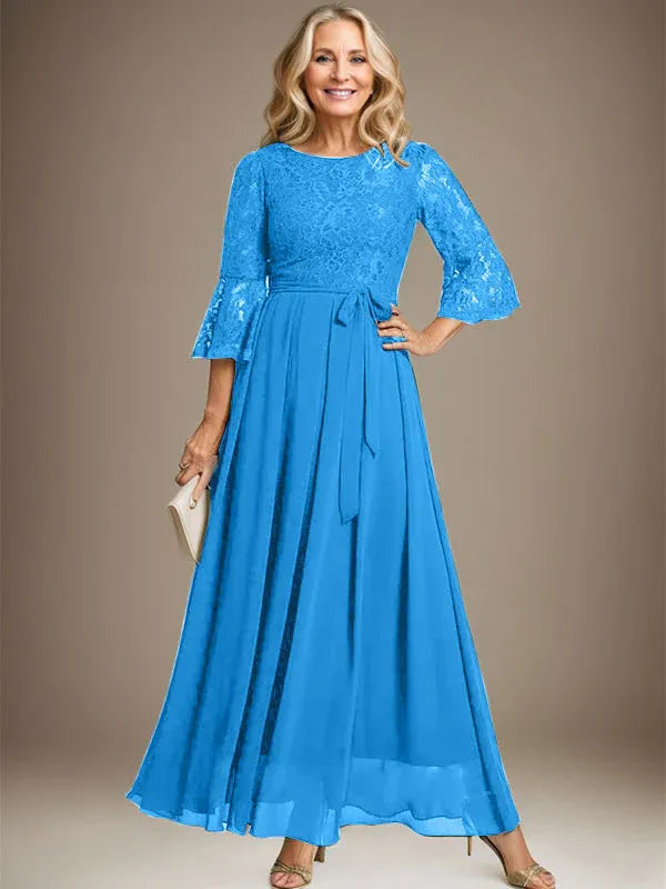 A-Line Scoop Neck Ankle-Length Lace Chiffon Mother of the Bride Dress with Bow