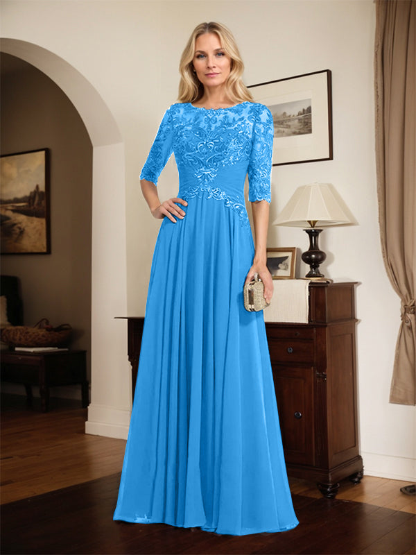 A-Line Scoop Neck Illusion Floor-Length Chiffon and Lace Mother of the Bride Dress with Pleated Sequins