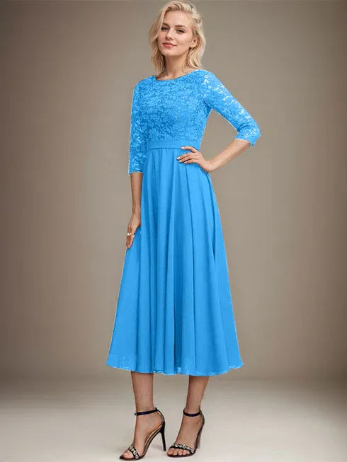 A-Line Scoop Neck Tea-Length Lace Chiffon Mother of the Bride Dress with Sequins