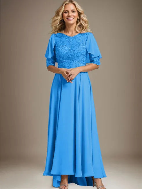 A-Line Scoop Neck Illusion Asymmetrical Chiffon and Lace Mother of the Bride Dress with Beading