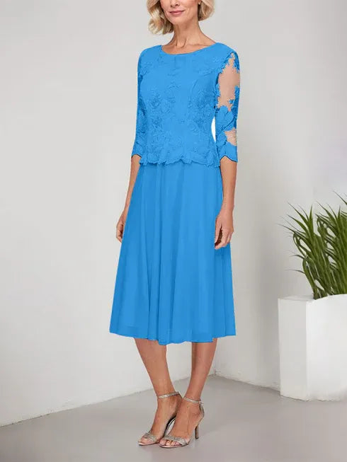 A-Line Scoop Neck Tea-Length Lace Chiffon Mother of the Bride Dress with Embroidery