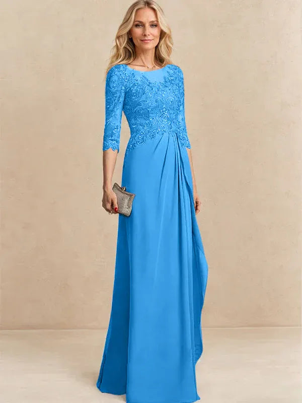 A-Line Scoop Illusion Floor-Length Chiffon and Lace Mother of the Bride Dress with Beading, Sequins, and Cascading Ruffles