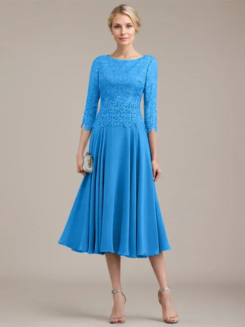 A-Line Scoop Neck Tea-Length Lace Chiffon Mother of the Bride Dress