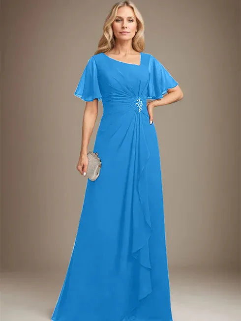 A-Line Asymmetrical Floor-Length Chiffon Mother of the Bride Dress with Pleated Beading and Sequins