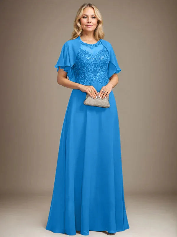 A-Line Scoop Neck Illusion Floor-Length Lace Chiffon Mother of the Bride Dress with Sequins