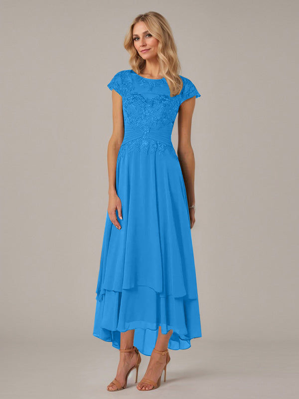 A-Line Boat Neck Illusion Asymmetrical Chiffon Lace Mother of the Bride Dress with Applique and Pleats