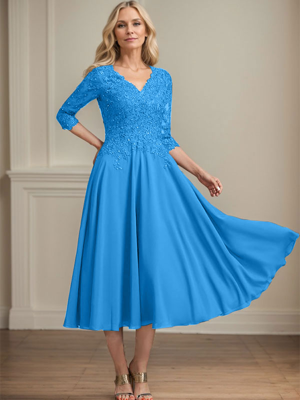 A-Line V-Neck Tea-Length Chiffon and Lace Mother of the Bride Dress with Beading and Sequins