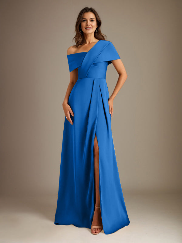 A-Line Satin Mother of the Bride Dress with Asymmetrical Neckline, Floor-Length, and Pleated Design
