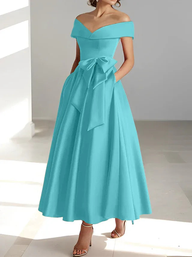 A-Line Off-the-Shoulder Sleeveless Ankle-Length Mother of the Bride Dress with Pockets