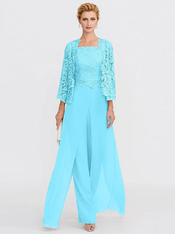 3-Piece Chiffon Square Neck Mother of the Bride Pantsuit Set with Jacket