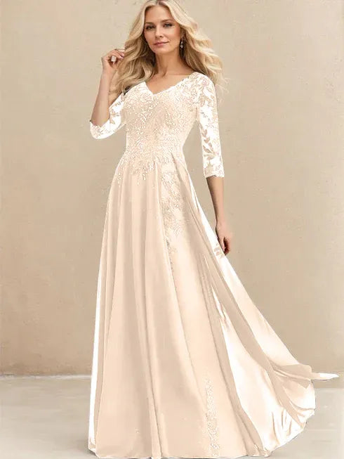 A-Line V-Neck Floor-Length Lace Chiffon Mother of the Bride Dress with Sequins