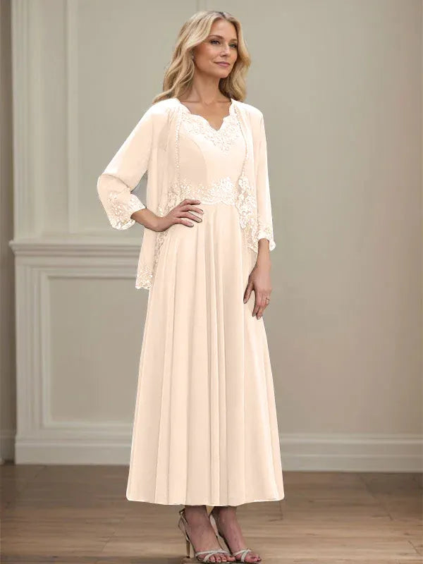 A-Line V-Neck Chiffon Mother of the Bride Dress with Sequins, Appliques, Lace, and Beading at Ankle Length