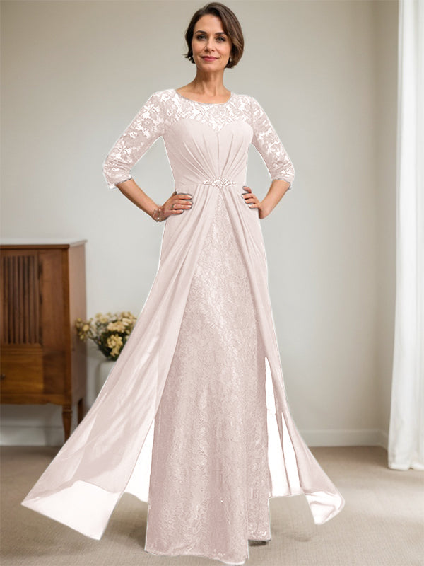 A-Line Scoop Neck Illusion Floor-Length Lace Chiffon Mother of the Bride Dress with Beaded Ruffles