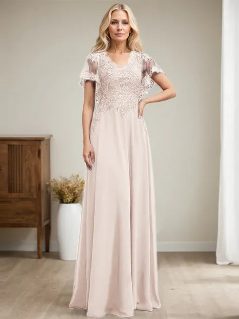 A-Line V-Neck Floor-Length Lace Chiffon Mother of the Bride Dress with Sequins