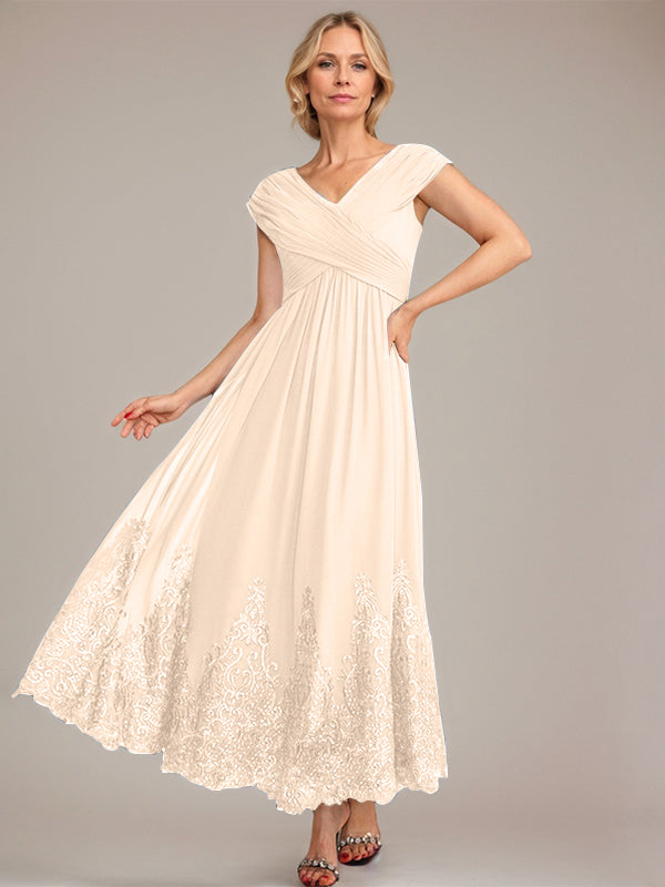 A-Line V-Neck Chiffon Mother of the Bride Dress with Appliqué and Sequins, Ankle-Length
