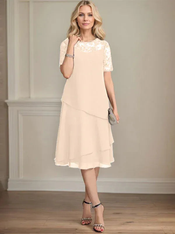 A-Line Scoop Neck Illusion Knee-Length Lace Chiffon Mother of the Bride Dress with Sequins
