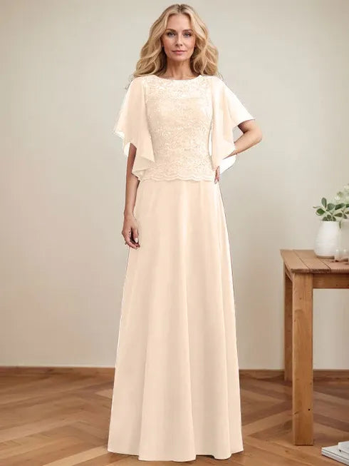 A-Line Scoop Neck Illusion Floor-Length Lace Chiffon Mother of the Bride Dress with Sequins