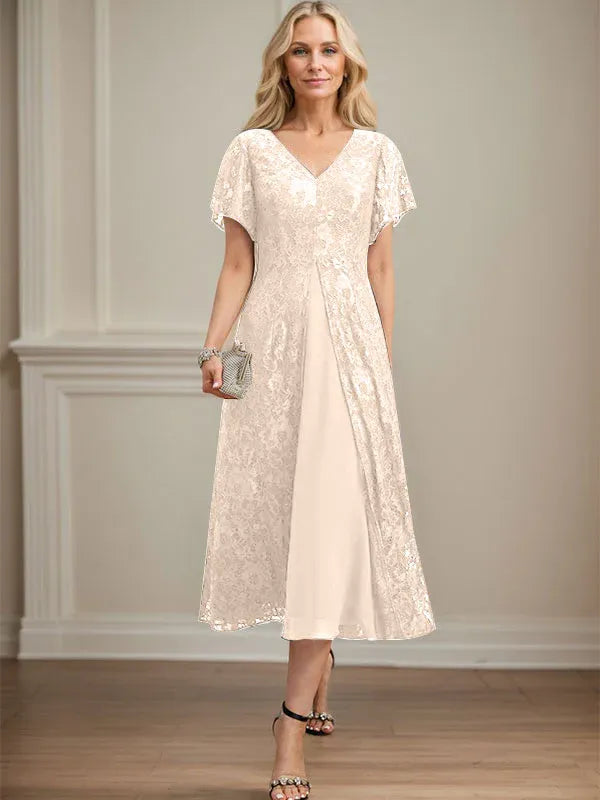 A-Line V-Neck Tea-Length Lace Chiffon Mother of the Bride Dress