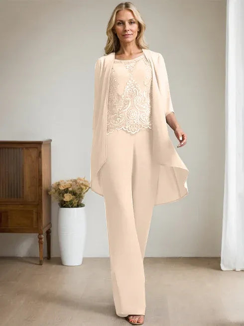Floor-Length Chiffon Lace Mother of the Bride Jumpsuit/Pantsuit with Scoop Neck, Beading, and Sequins