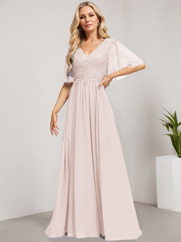 A-Line V-Neck Floor-Length Lace Chiffon Mother of the Bride Dress with Sequins
