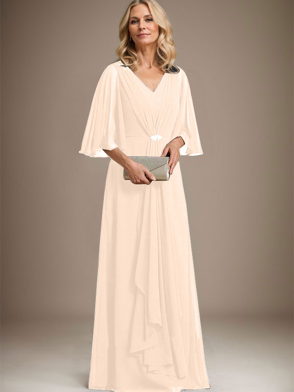 A-Line V-Neck Floor-Length Chiffon Mother of the Bride Dress with Cascading Ruffles and Crystal Brooch
