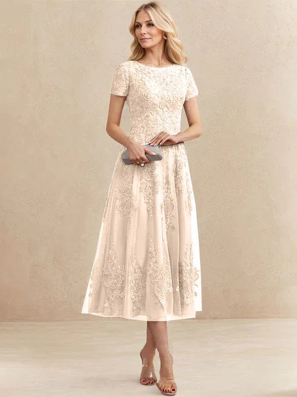 A-Line Scoop Neck Tea-Length Tulle Lace Mother of the Bride Dress
