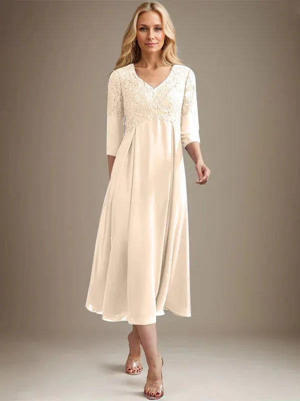 A-Line V-Neck Tea-Length Chiffon Lace Mother of the Bride Dress with Beading