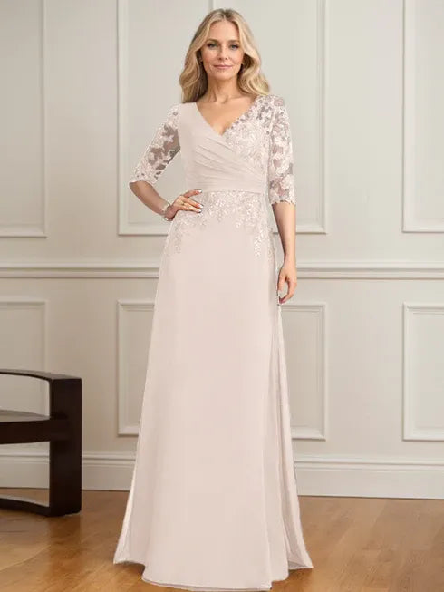 A-Line V-Neck Floor-Length Lace and Chiffon Mother of the Bride Dress with Pleated Sequins