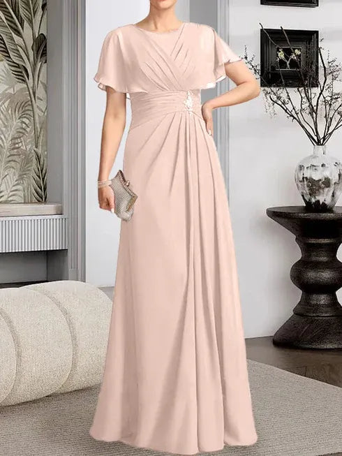 A-Line Scoop Neck Floor-Length Chiffon Mother of the Bride Dress with Pleated Beading