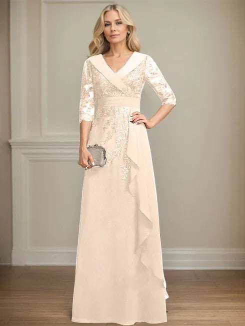 A-Line Collared V-Neck Floor-Length Lace Chiffon Mother of the Bride Dress with Sequins and Cascading Ruffles
