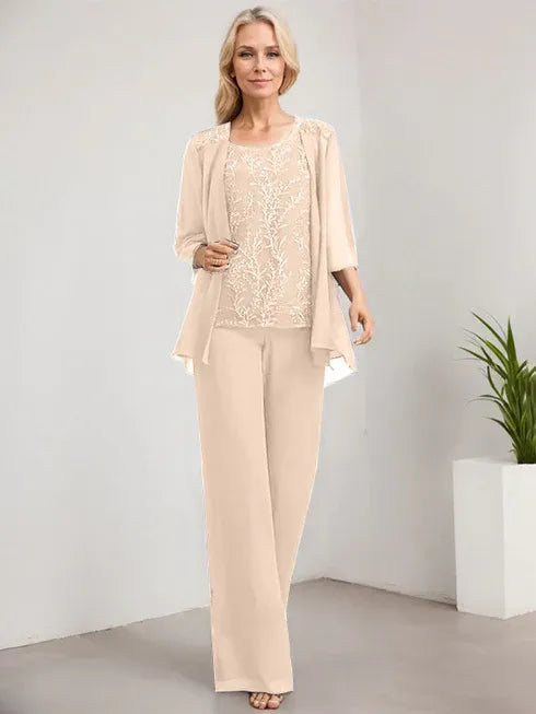 Floor-Length Lace Chiffon Mother of the Bride Jumpsuit/Pantsuit with Scoop Neck and Sequins