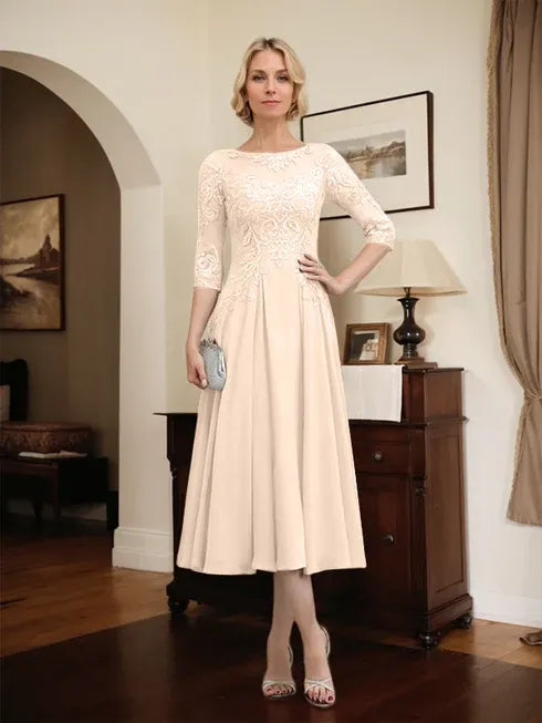 A-Line Scoop Neck Illusion Tea-Length Chiffon and Lace Mother of the Bride Dress with Beading and Sequins