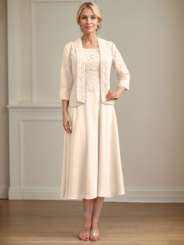 A-Line Scoop Neck Tea-Length Lace Chiffon Mother of the Bride Dress