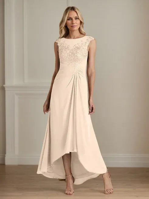 Champagne A-Line Lace and Chiffon Scoop Neck Dress