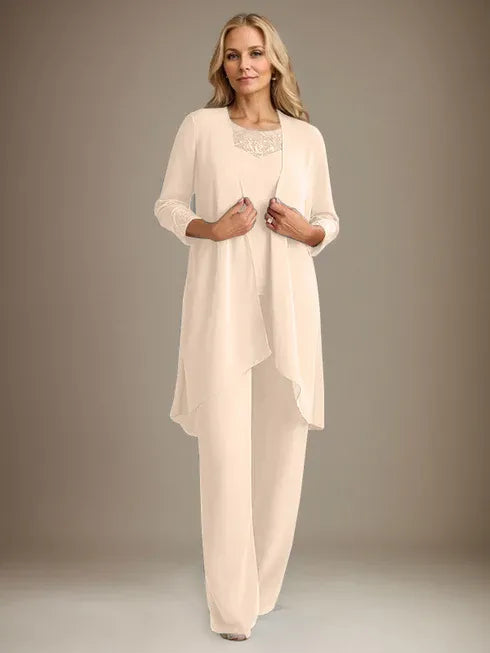 Chiffon Scoop Neck Long Sleeve Mother of the Bride Pantsuit with Jacket