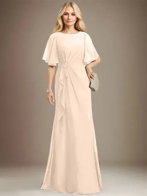 A-Line Scoop Floor-Length Chiffon Mother of the Bride Dress with Cascading Ruffles, Beading, and Sequins