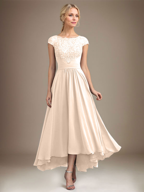 A-Line Scoop Neck Illusion Asymmetrical Lace Chiffon Mother of the Bride Dress with Pleats