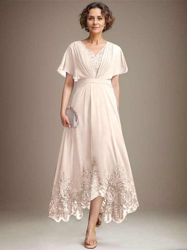 A-Line V-Neck Asymmetrical Lace Chiffon Mother of the Bride Dress with Pleats