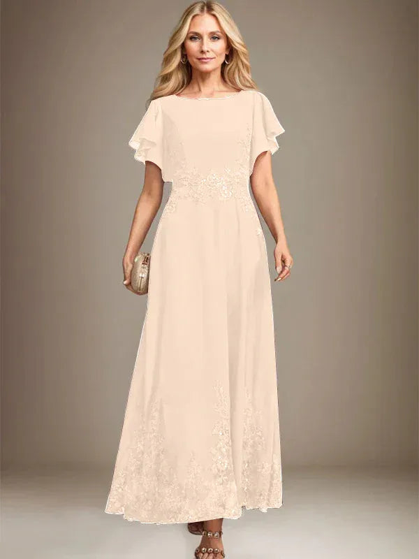 A-Line Scoop Neck Ankle-Length Lace and Chiffon Mother of the Bride Dress with Sequins