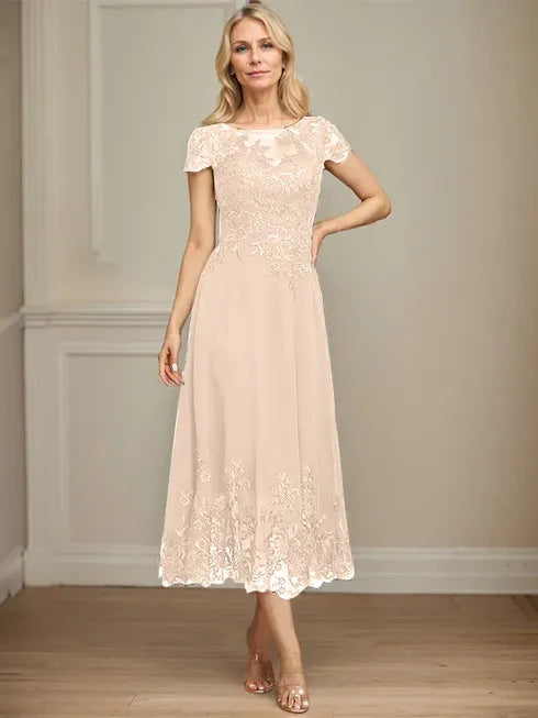 A-Line Illusion Scoop Tea-Length Lace Chiffon Mother of the Bride Dress with Sequins